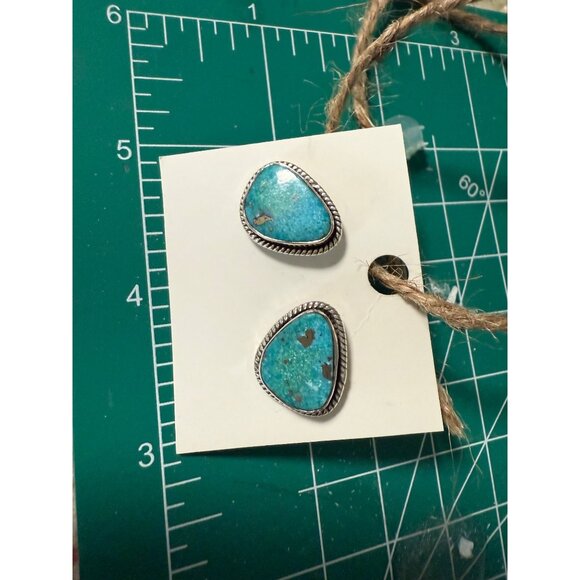 Artisan Turquoise Sterling Silver Triangle Stud Earrings Center Post Southwest - Picture 7 of 12